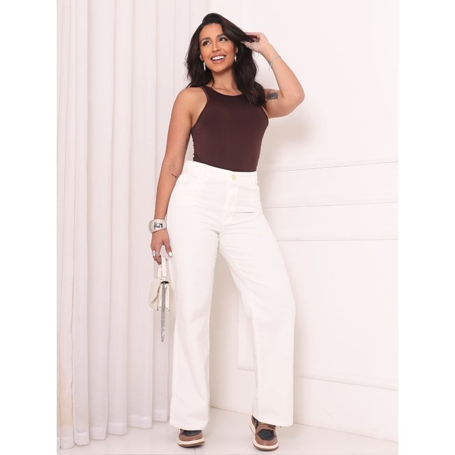 Calça Donna De Paula Wide Leg Off White Cintura Alta Pantalona