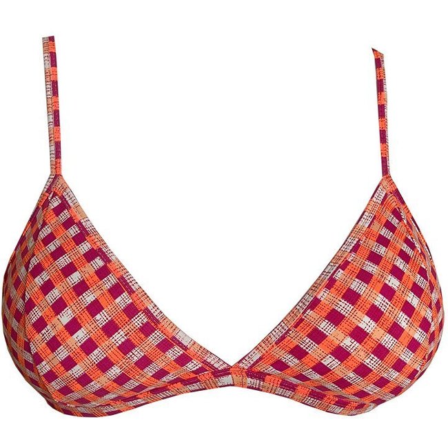 Top Biquíni Avulso Triângulo Fixo Estampado Xadrez Pink e Laranja com Bojo Removível e Alças Reguláveis