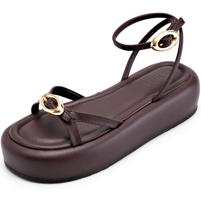 Sandália Feminina Lumiss Flatform Confortável Fivelas Dourada Tiras Finas Marrom