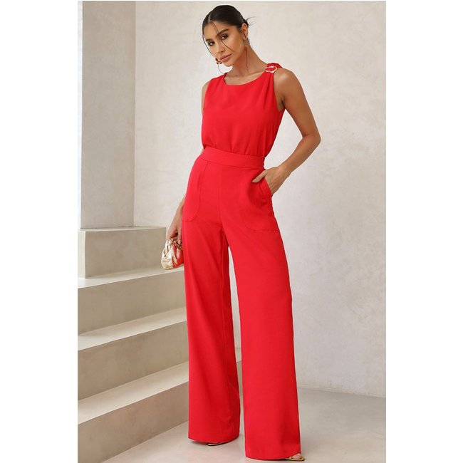 Calça Valquiria Com Elástico Na Cintura e Bolso Vermelho