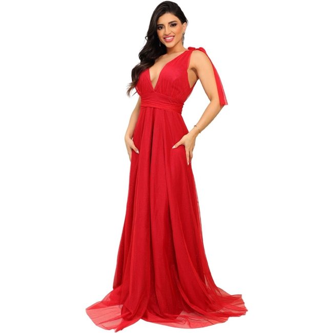 Vestido Longo de Festa Micro Tule com Brilho Madrinhas Decote em V Greice Vermelho