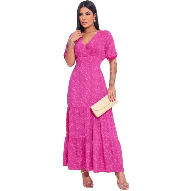 Vestido Midi Manguinha Rita Poá rosa