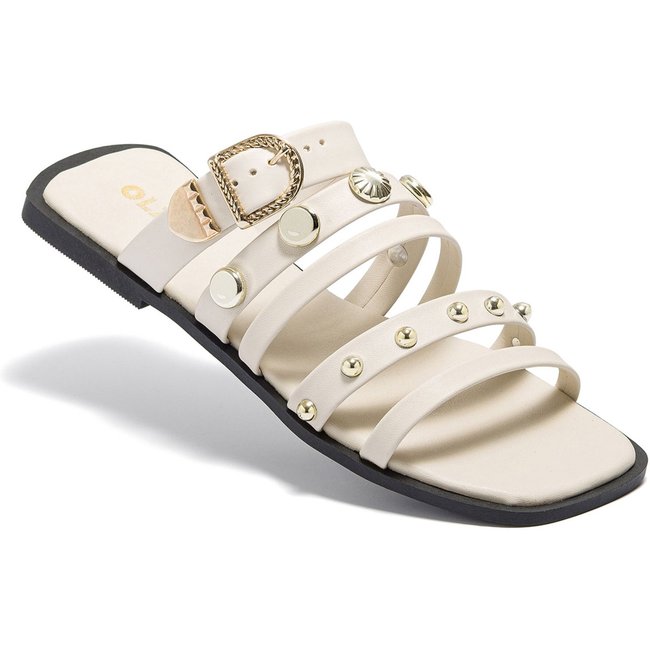 Rasteira Feminina Olzzy com Tiras e Fivela Dourada Enfeites em Metal Leve Confortável Casual Off-White