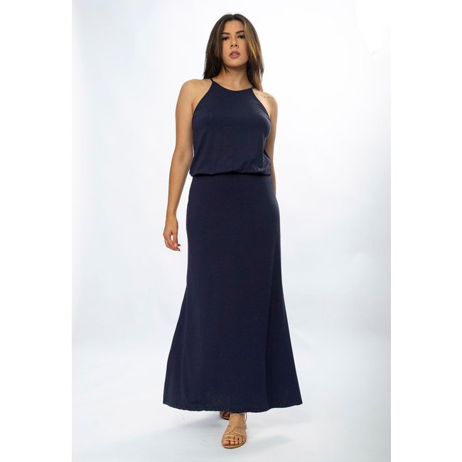 Vestido Longo Amazônia Vital Malha Trapézio com Elástico na Cintura Azul Marinho