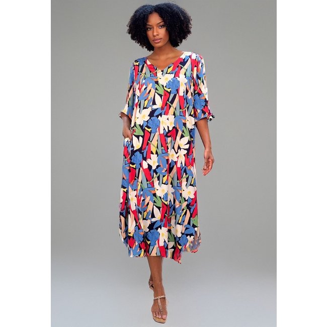 Vestido Midi Abapã Plano com Bolso Estampa Floresce