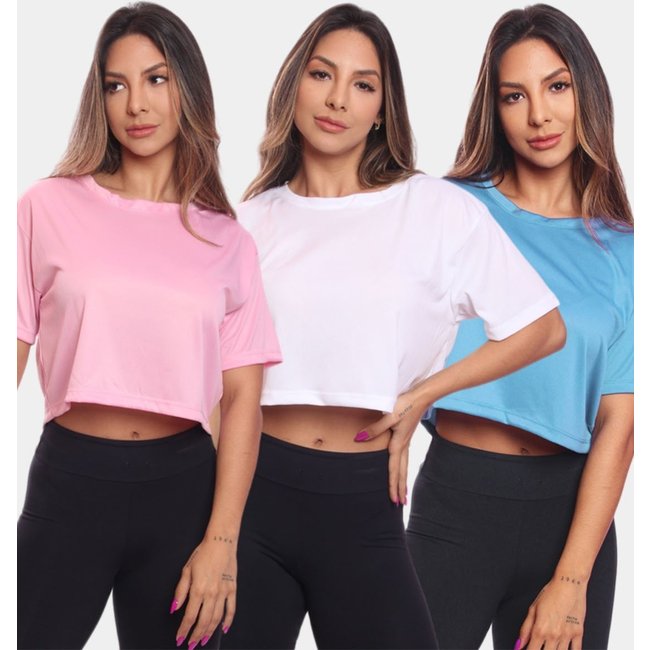 Kit 3 Cropped Manga Curta Feminino Dry Proteção UV Blusa Blusinha Academia Treino Branco/Azul