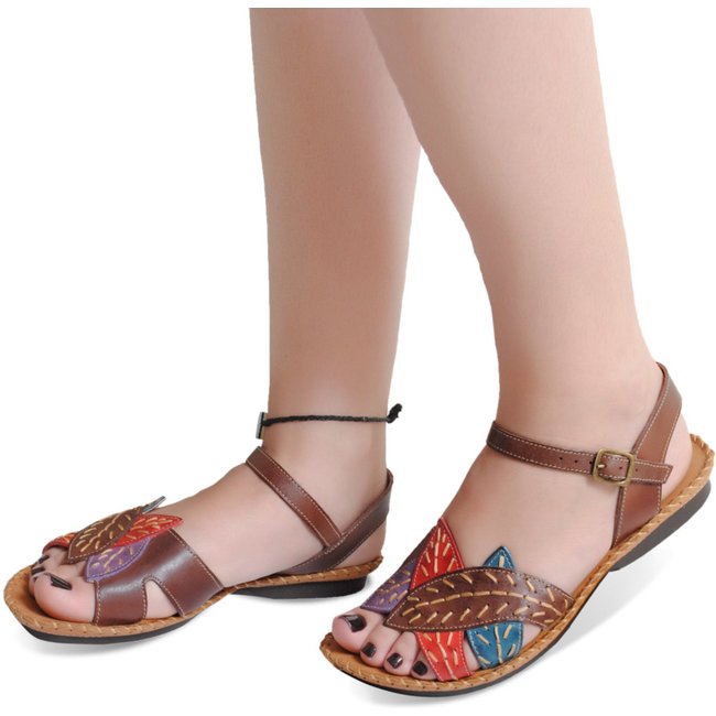 Rasteira feminina rasteirinha Flor D'Couro couro Marrom folhas