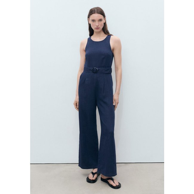 Macacão Feminino Mango Cinto Texturizado Azul Marinho