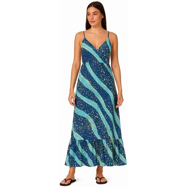 Vestido Longo FMF Indiano Estampado Feminino Chic Azul