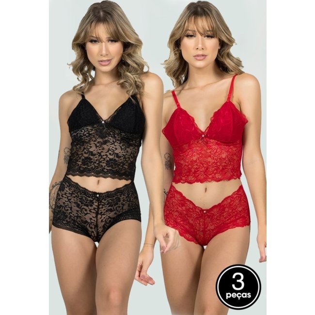 Kit 3 Baby Doll Feminino WLS Modas Lingerie Espera Marido Conjunto Renda Multicolorido