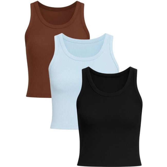 Kit 3 Regatas Cropped Feminina Ribana Canelada Preta, Azul e Marrom - 50497