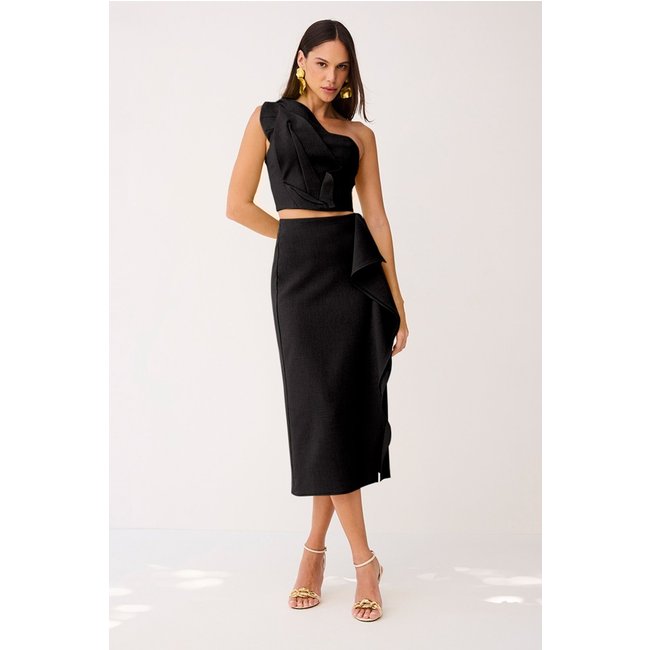 Saia Super Midi Lisa Com Babados Preto Charry