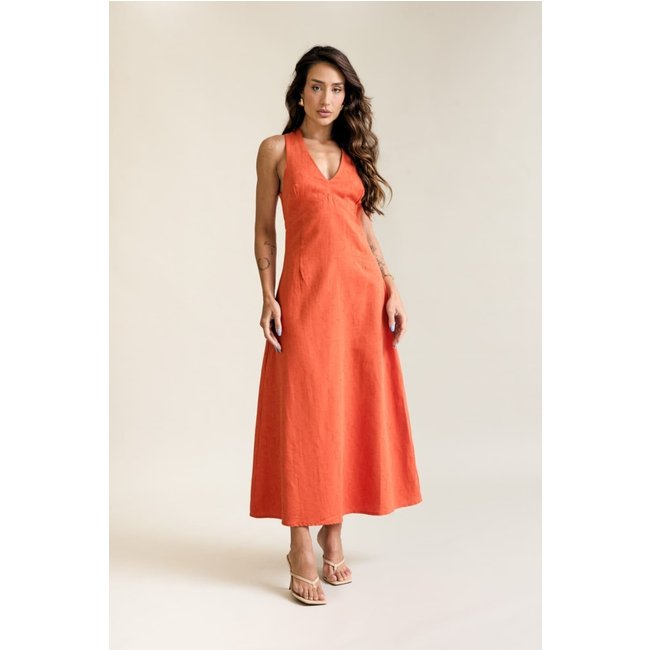 Vestido Midi Feminino com Decote em V Detalhe nas Costas Lemier Collection Laranja