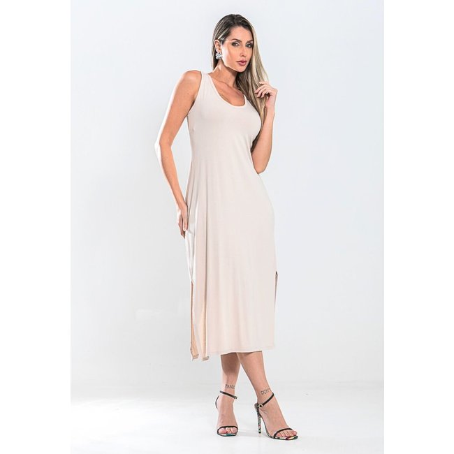 Vestido Regata Midi e Fenda Lateral ajustes nas Costas Tecido Comfortavel -Cinza Claro