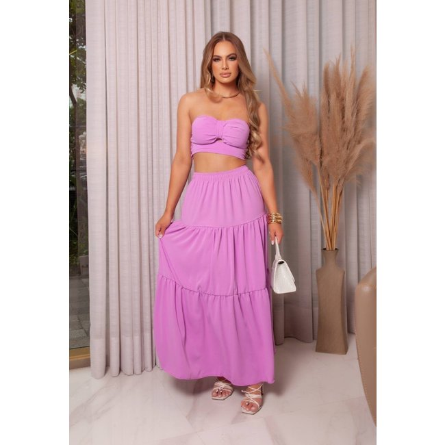 Conjunto Feminino de Cropped Tomara que Caia e Saia Longa em Crepe
