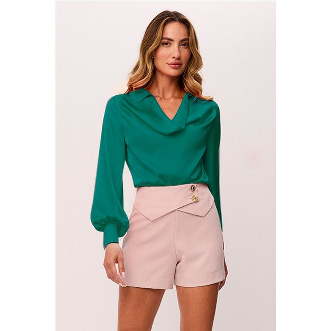 Blusa Mangas Longas Lisa Com Decote Degagê Verde Esmeralda Charry
