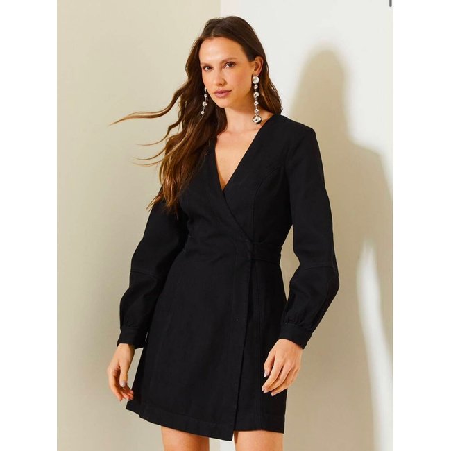 Vestido Curto Jeans Transpassado com Manga Longa Triton Indigo Preto