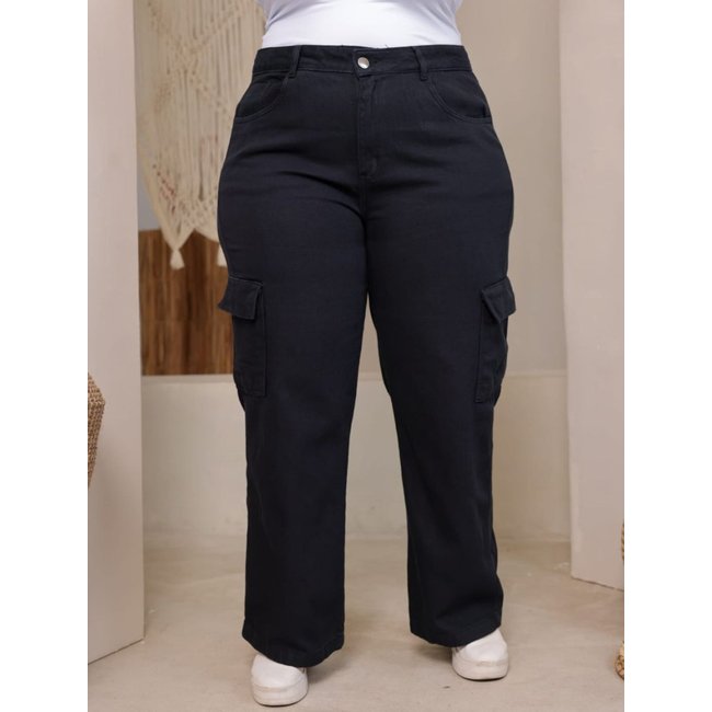 Calça Feminina Jeans Light Cargo Plus Size Preta
