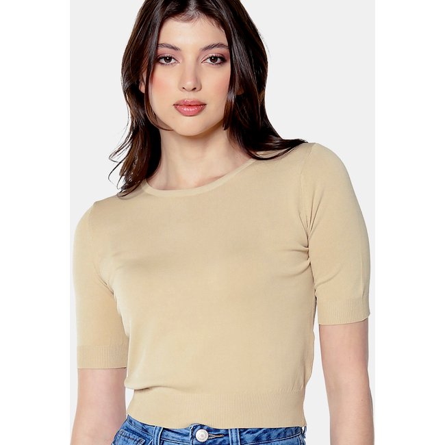 Blusa Bege Básica Viscose Manga Curta