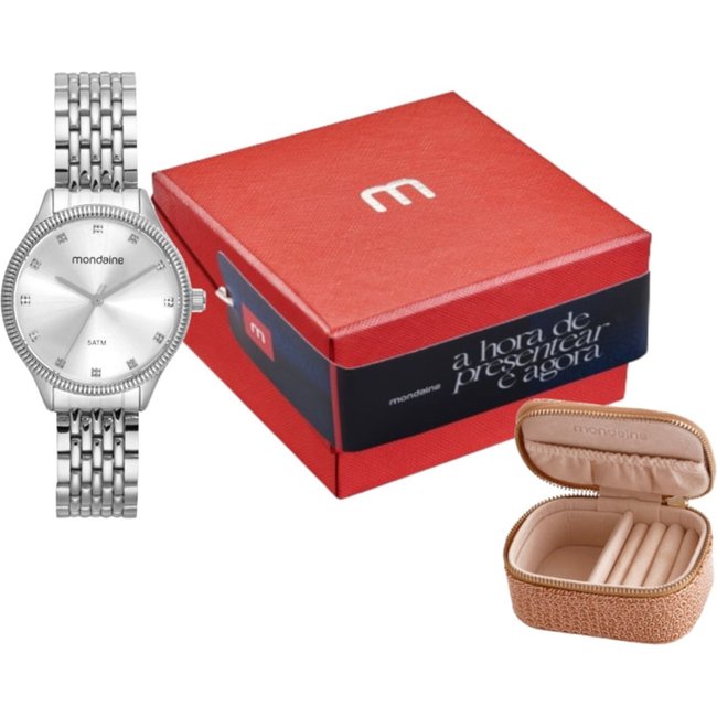 Kit Relógio Feminino Cristais Prata com Porta Jóias Mondaine