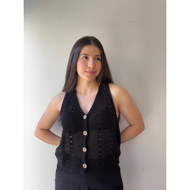 Colete La Cor Tricot Rendado Preto
