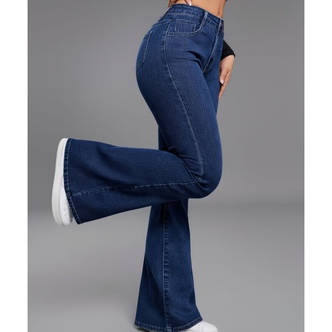 Calça Jeans Feminina SK JEANS Flare Premium Cintura Alta Confortavel e Casual Azul Escuro