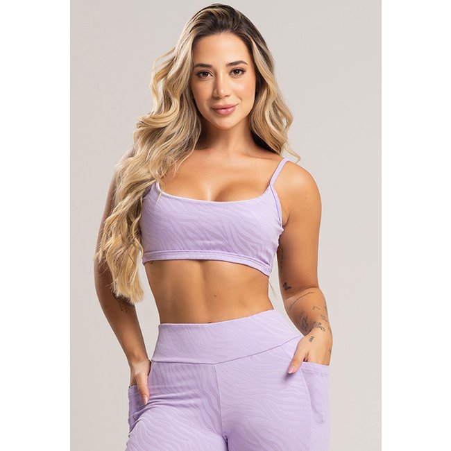 Top Fitness MVB Modas Cropped Alcinha Costas Abertas Feminino Academia Jacquard Lilás