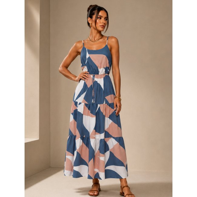 Vestido Longo Feminino Lapetry Estampa Geométrica Premium Acinturado Elegante Casual Chic Azul