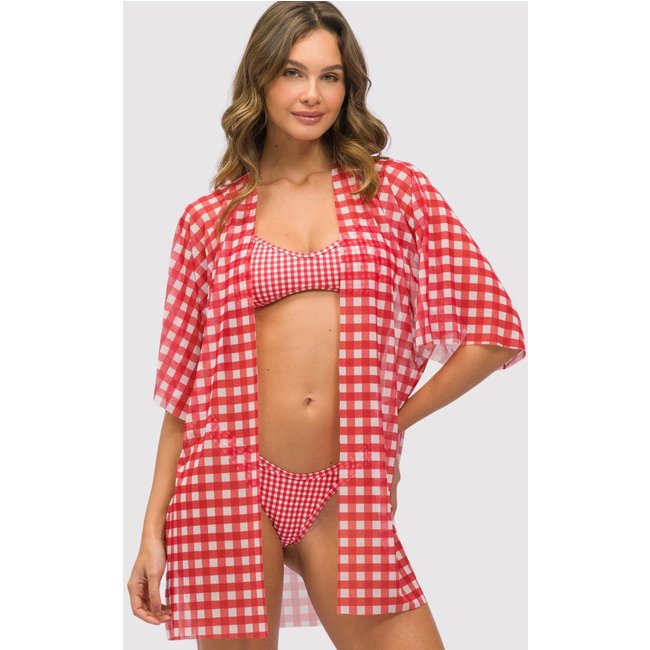 Saída De Praia Camisão Kimono Xadrez Verão Vestido Chemise Vermelho