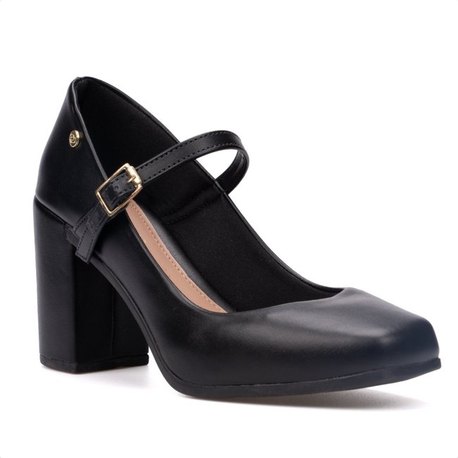 Sandália Feminina Mary Jane Em Verniz Salto Alto Grosso Moda Preto