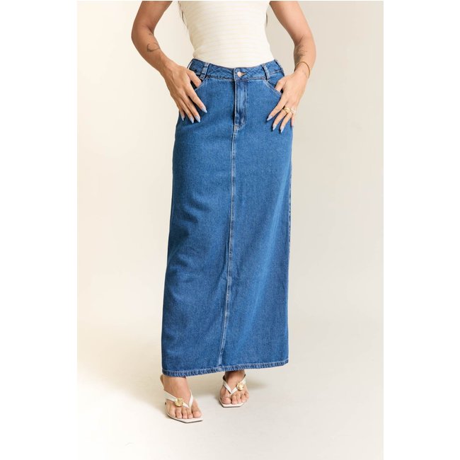 Saia Jeans Feminina Longa com Fenda Posterior Lemier Collection