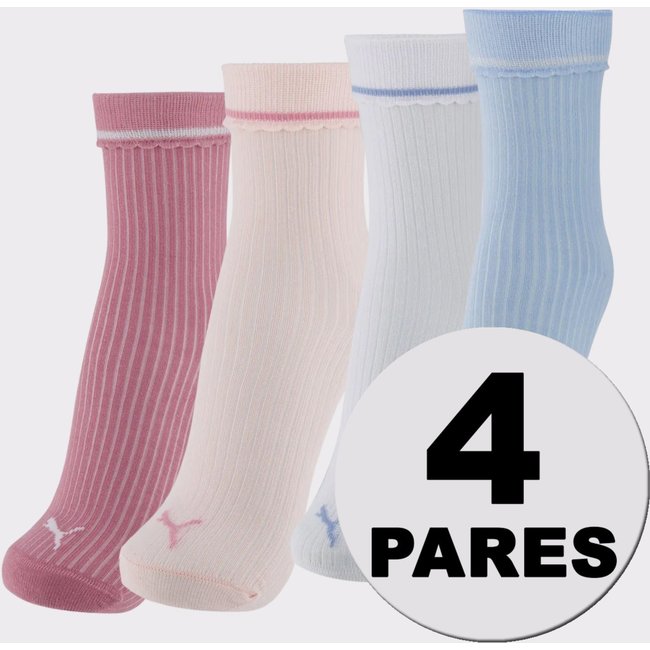 Kit Meia Puma Cano Médio 4 pares Feminina Branca e Azul e Rosa