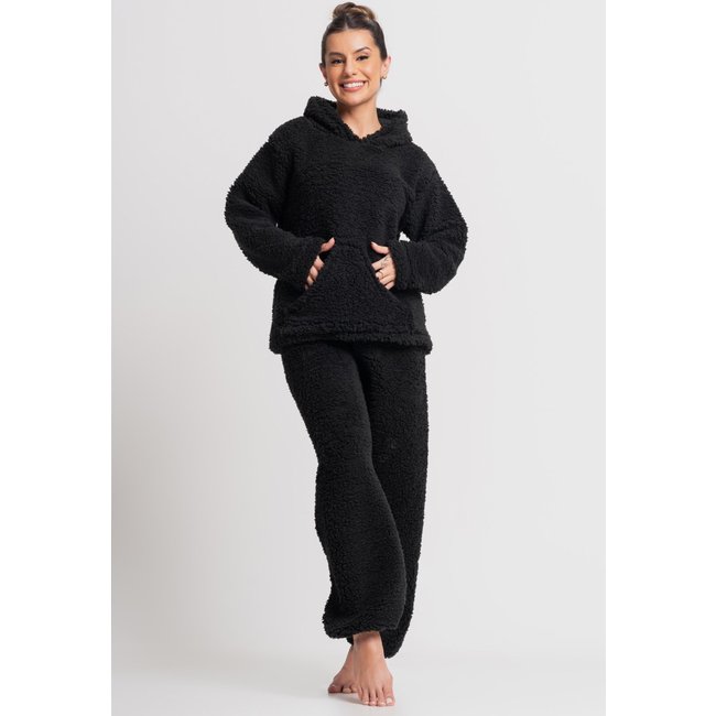 Pijama MVB Modas Longo Feminino Flanelado Teddy Capuz Bolso Pelucia Preto