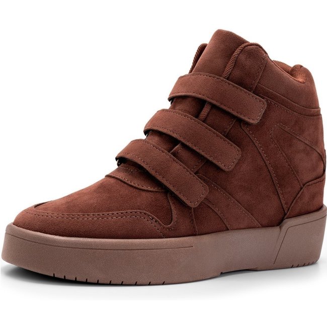 Tênis Feminino Lumiss Sneaker Cano Alto Salto Confortável Tiras Camurça Marrom