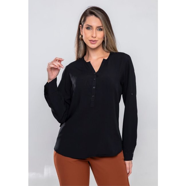 Camisa Feminina Fechada Manga Longa Decote V 100% Viscose Premium Preto - Docce Mulher