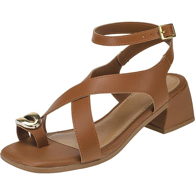 Sandália Feminina com Salto Quadrado Detalhe Dourado Caramelo