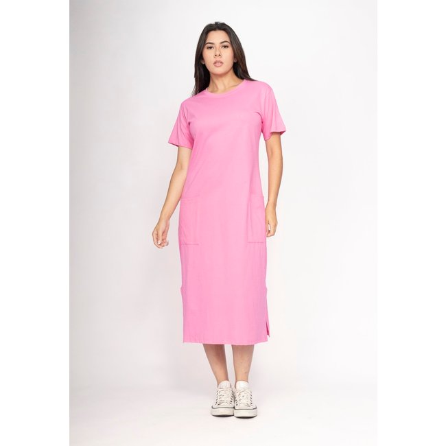 Vestido CabanaFree Midi Algodão Manga Curta 02 Bolsos Rosa Vitória-Régia