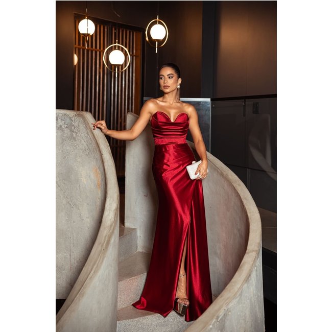 Vestido Longo de Festa Madrinhas Tomara que Caia Corselete com Fenda Arlye Vermelho