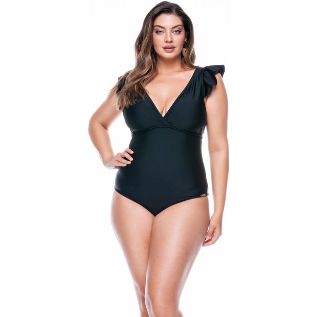 Maiô Plus Size Com Babado Nos Ombros Preto - Preto