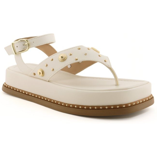 Sandália Flatform Dedo Papete Feminina Aplique Tachas Douradas Off White 23402