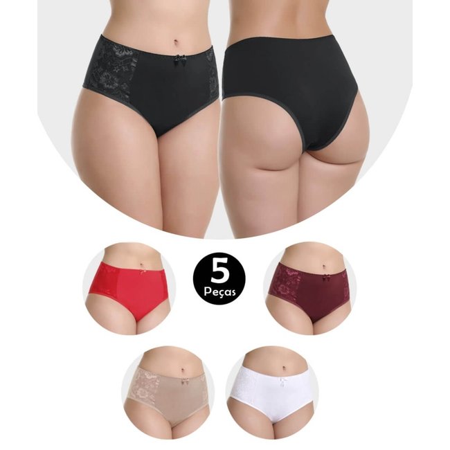 Kit 5 Calcinha Cós Alto Cintura Alta Em Microfibra E Renda Catarina Multicolorido