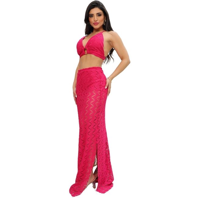 Conjunto Renda Saia Longa e Top Alcinha Com Hot Panties Sampaio Pink