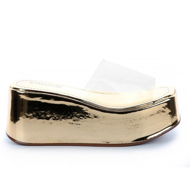 Tamanco Flatform Debora Dourada Vinil Transparente Dourado