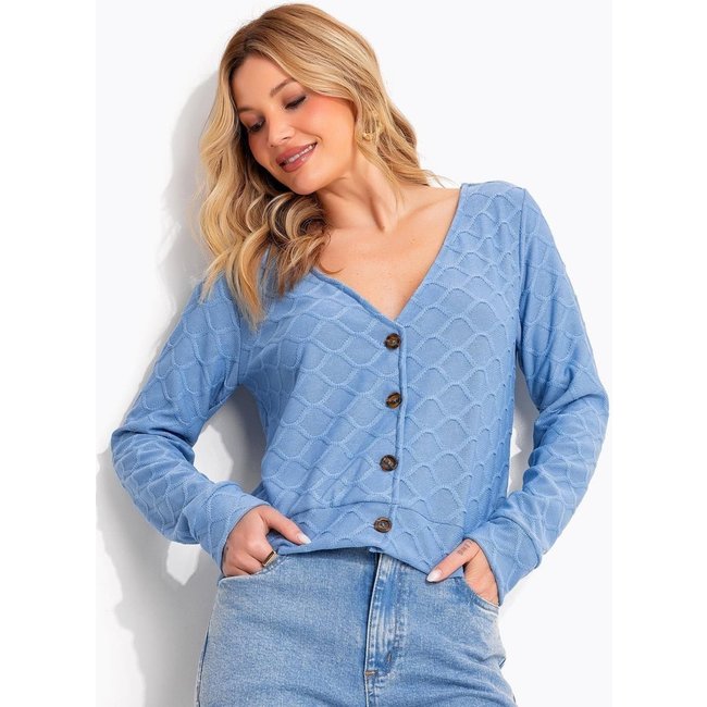 Cardigan Em Malha Tricô Azul Quintess