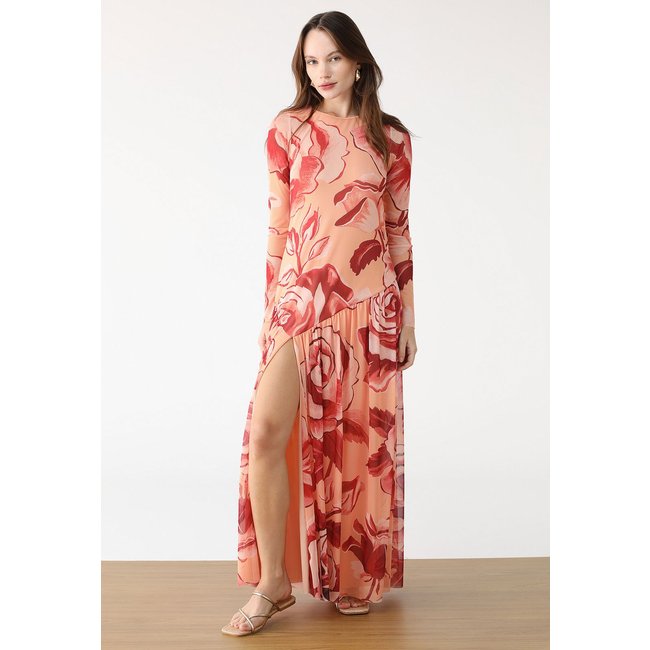 Vestido Tule FARM Longo Rosas Pintadas Coral