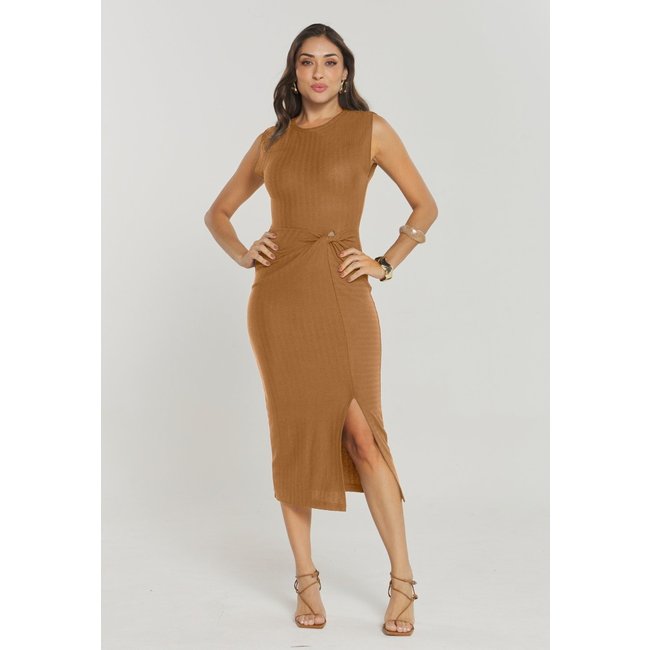 Vestido Rudély Malha Crochê Caramelo