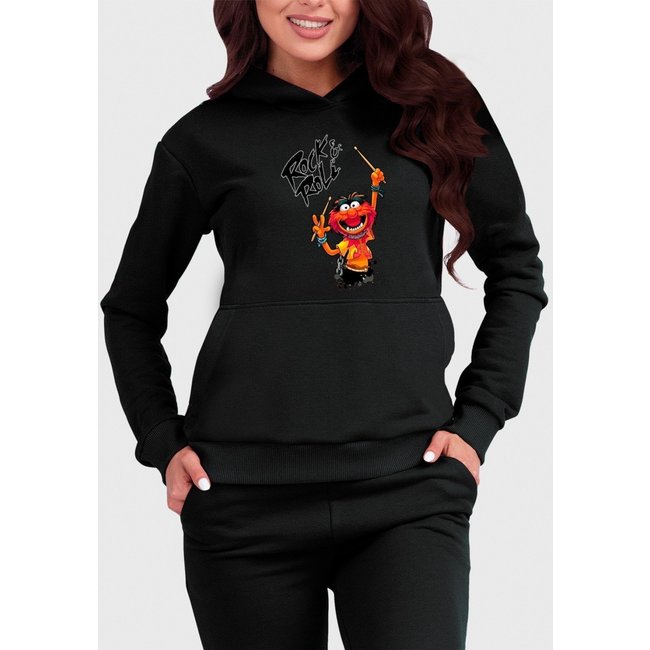 Moletom Canguru Feminino Flanelado com Capuz Rock Roll Divertido Preto