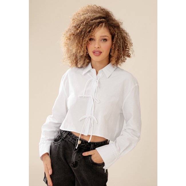 Camisa Cropped Pop Me Em Algodão Com Laço Manga Longa Branco