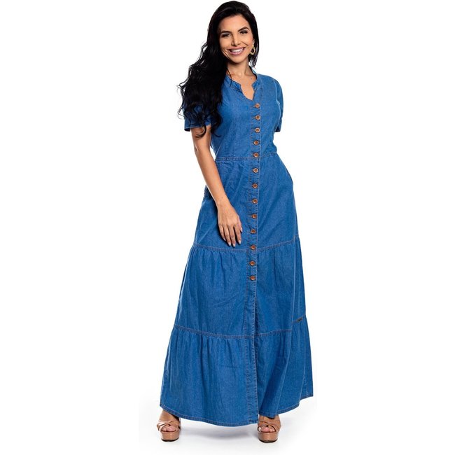 Vestido Longo Restrito Jeans Com Manga e Botões - Azul Médio