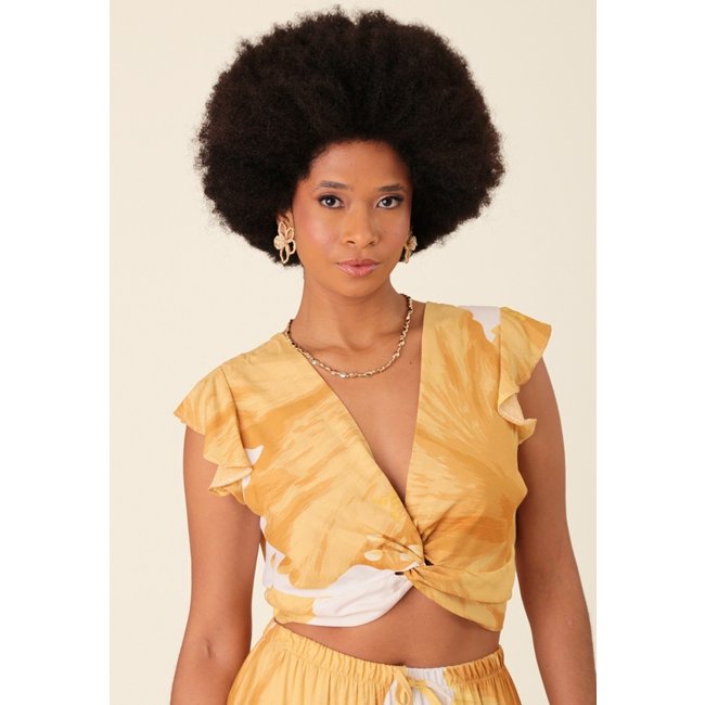 Blusa Cropped Pop Me Em Viscose Maxi Floral Manga Curta Com Transpasse Amarelo